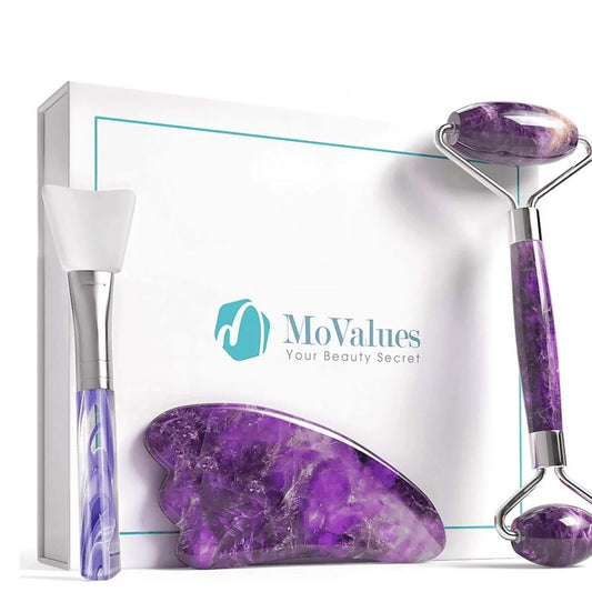 Crystal Roller - Jade Roller, Amethyst Natural Jade Face Roller Massage for Anti-Wrinkle Anti-Ageing Purple